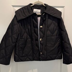 Ganni Black Ripstop Quilted Puffer Jacket with Oversized Collar